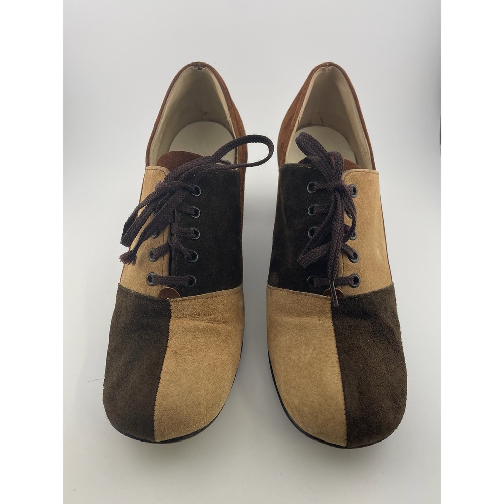 Vintage 60s Hush Puppies Colorblock Suede Mod Heels Lace Up Brown 8M pumps - Picture 3 of 16